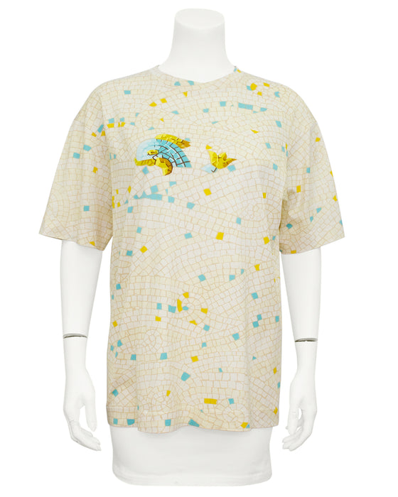 Cream Silk Cotton Bland Mosaic Tile Fish T-Shirt