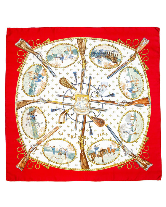 1970s Red 'La Chasse à Tir' by Philippe Ledoux Silk Scarf