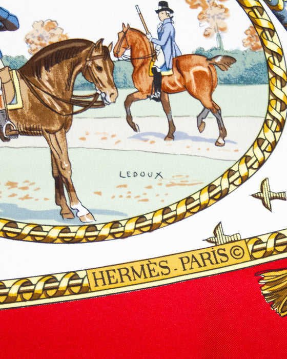 1970s Red 'La Chasse à Tir' by Philippe Ledoux Silk Scarf