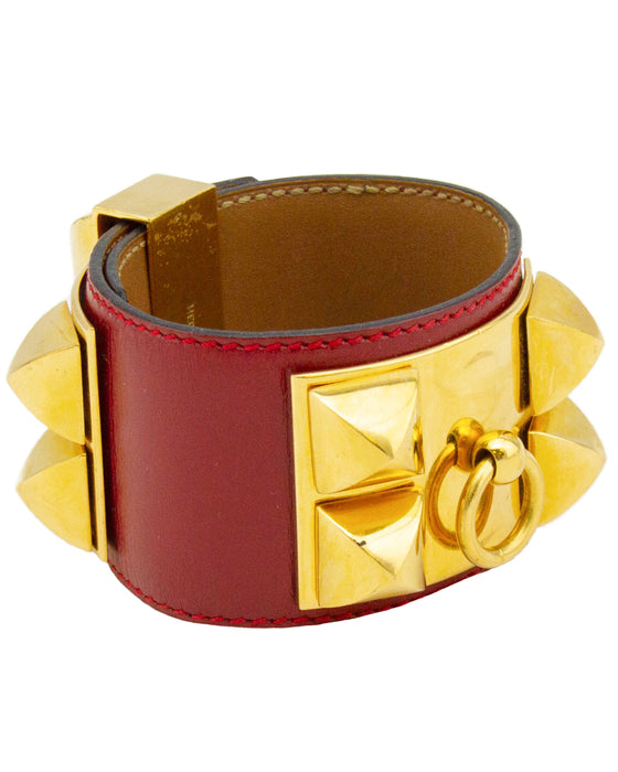 Red Leather Collier de Chien Bracelet Cuff