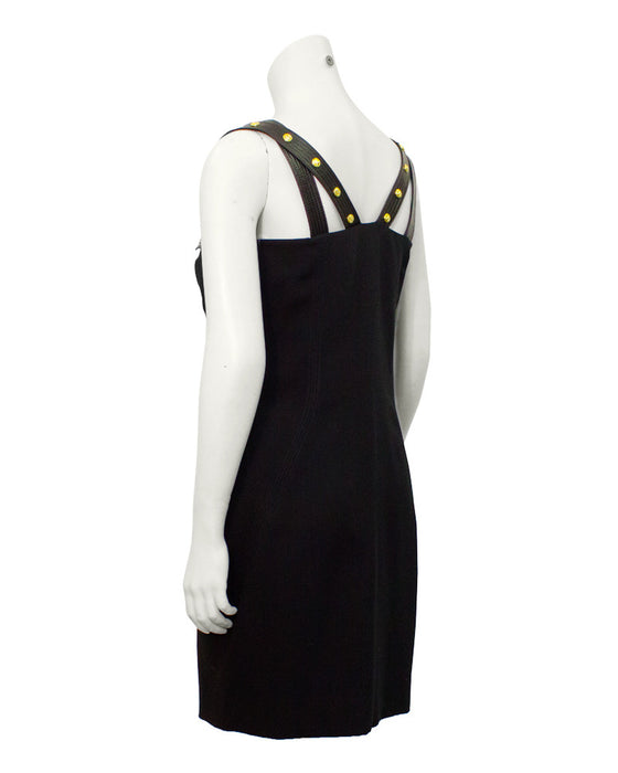 versace black dress with gold buttons Versace Black Mini Short Sleeve Dress With Slit And Gold Medusa Detail Sellier
