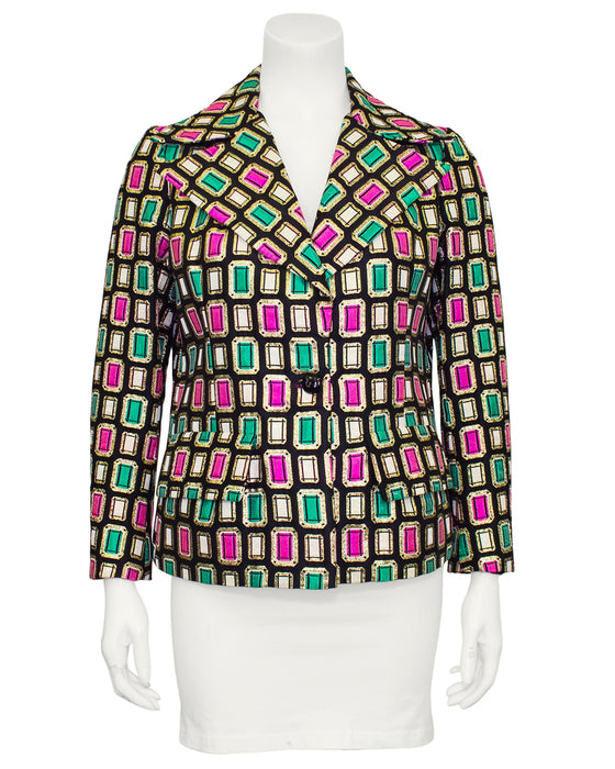 Green and Pink Brocade Emerald Cut Jewel Pattern Jacket