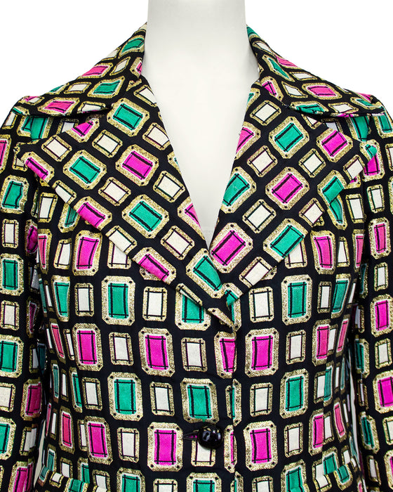 Green and Pink Brocade Emerald Cut Jewel Pattern Jacket
