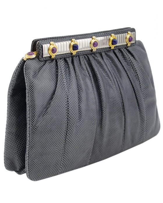 Grey Patterned Leather Clutch with Art Deco Details