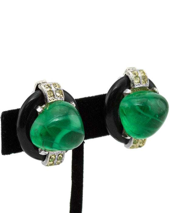 Faux Emerald  Cabochon Clip Earrings