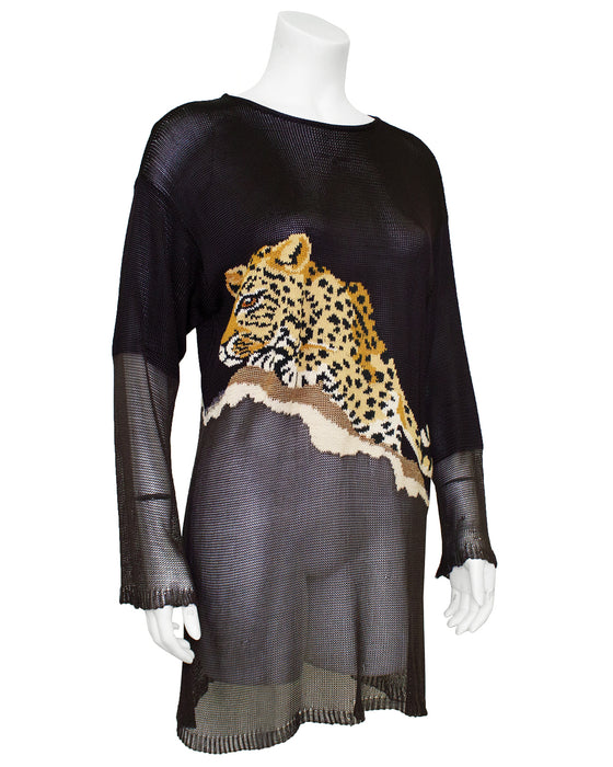 Brown Knit Tunic Length Sweater with Leopard