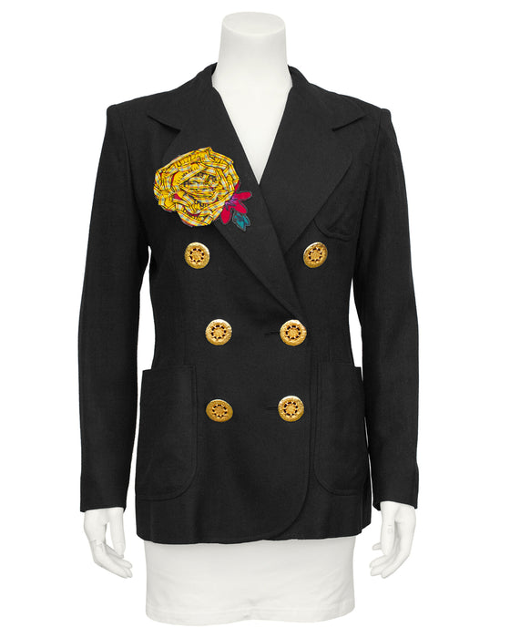 Black Linen Double Breasted Jacket with Flower