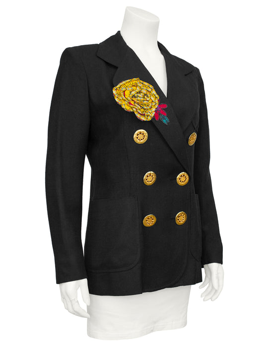 Black Linen Double Breasted Jacket with Flower