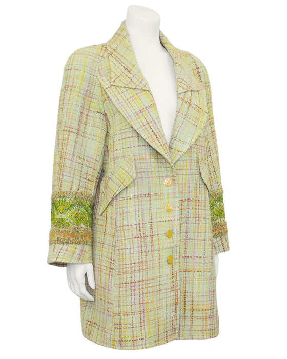 Green Long Tweed Jacket and Skirt Ensemble