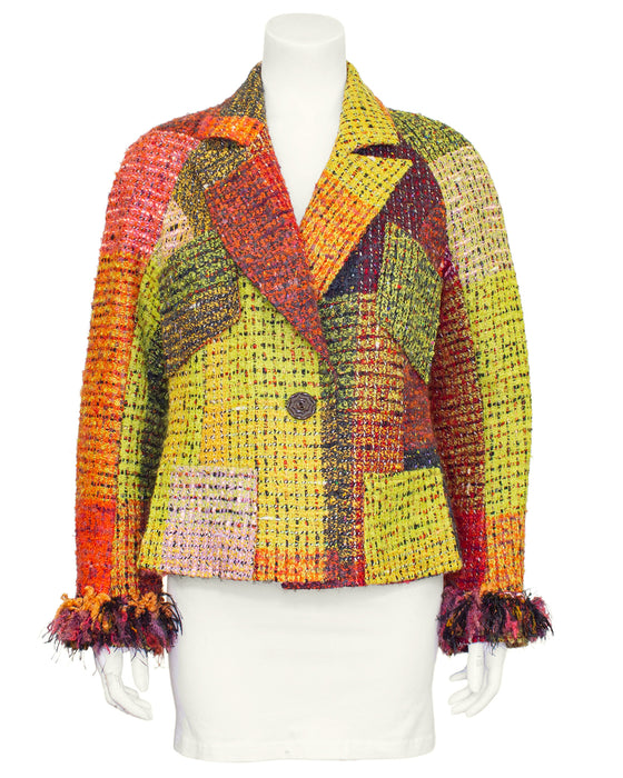 Orange, Green & Purple Tweed Jacket with Fringe Cuffs