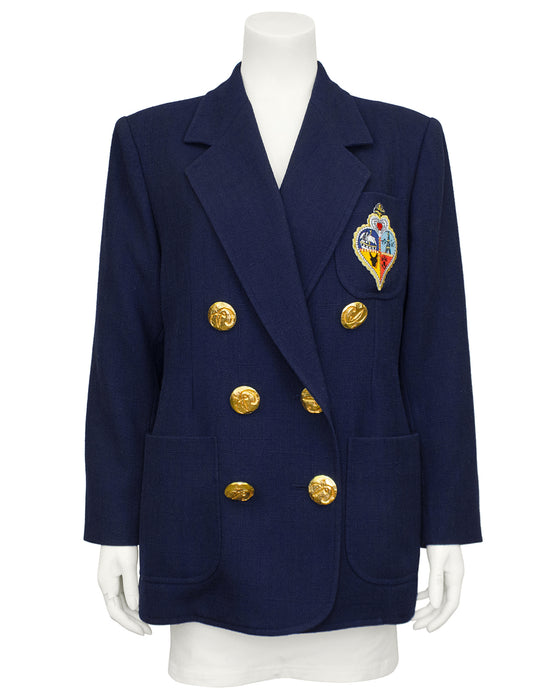Navy Blue Double Breasted Blazer with Crest