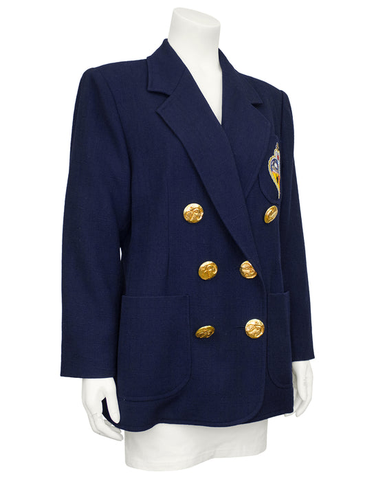 Navy Blue Double Breasted Blazer with Crest