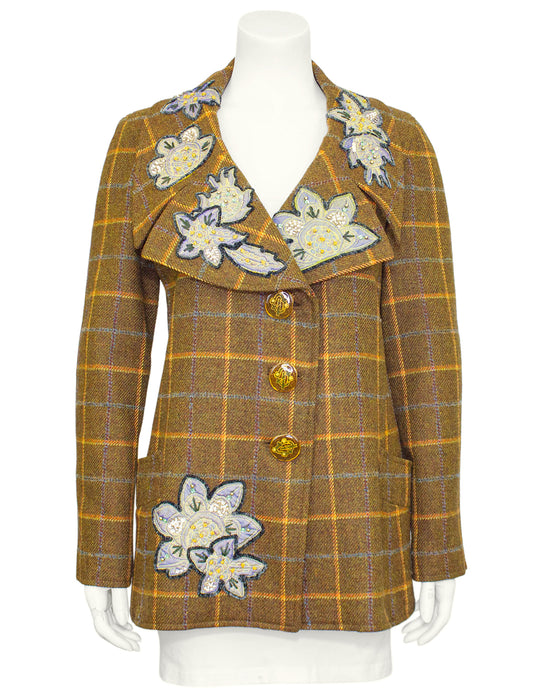 Brown Plaid Jacket with Blue Floral Appliques