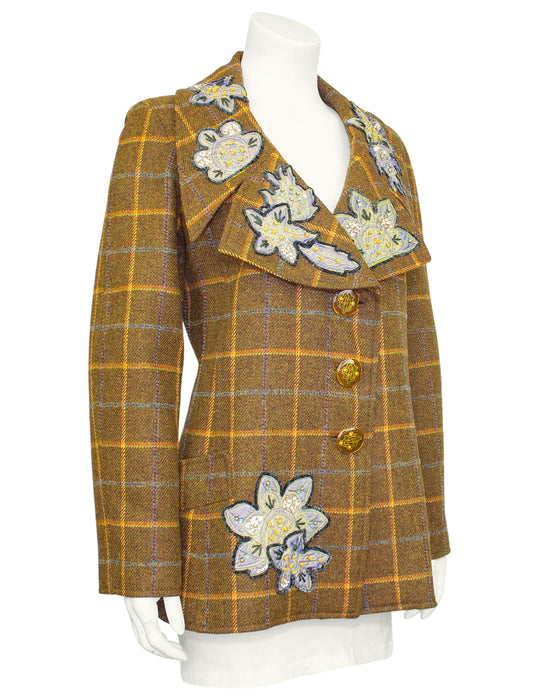 Brown Plaid Jacket with Blue Floral Appliques