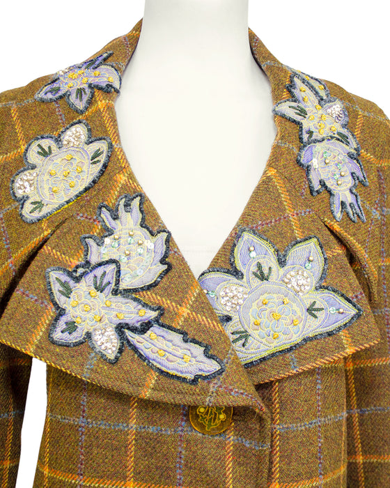 Brown Plaid Jacket with Blue Floral Appliques