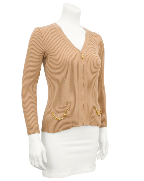 Tan Zip Front Ribbed Cardigan With Gold Chain Details