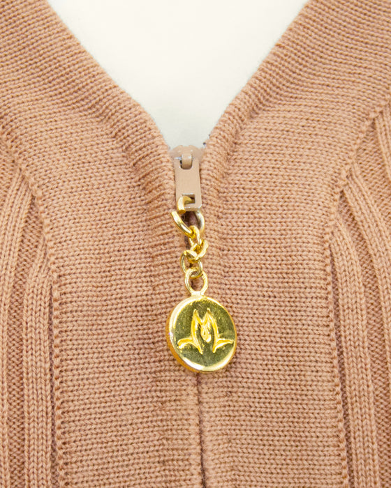 Tan Zip Front Ribbed Cardigan With Gold Chain Details