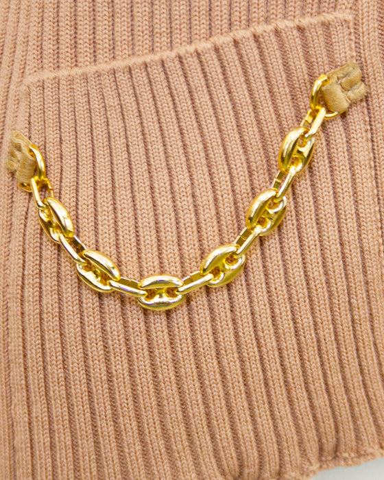 Tan Zip Front Ribbed Cardigan With Gold Chain Details