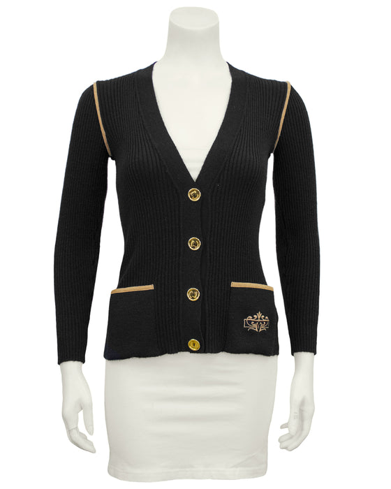 Black Wool Ribbed Cardigan With Tan Accents