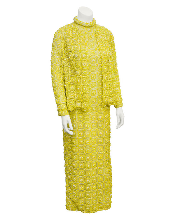 Yellow crochet & beaded evening gown and jacket