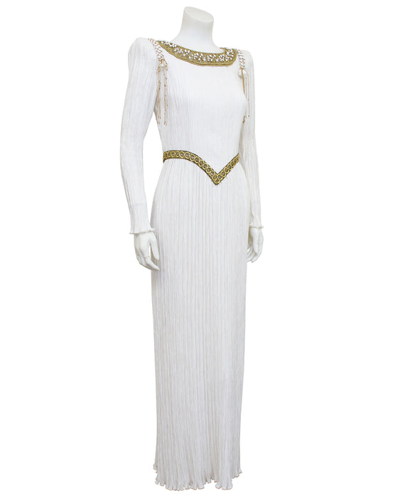 White Jewel Trimmed Micro Pleated Gown Vintage Couture White Jewel Trimmed Micro Pleated Gown Vintage Couture