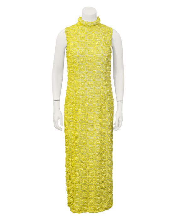 Yellow crochet & beaded evening gown and jacket