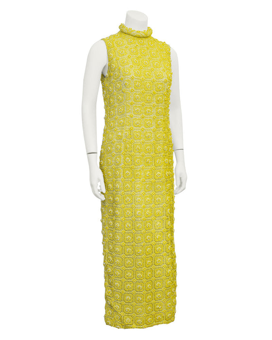 Yellow crochet & beaded evening gown and jacket