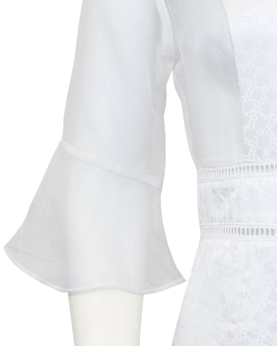 White Embroidered Silk Jacquard and Chiffon Dress