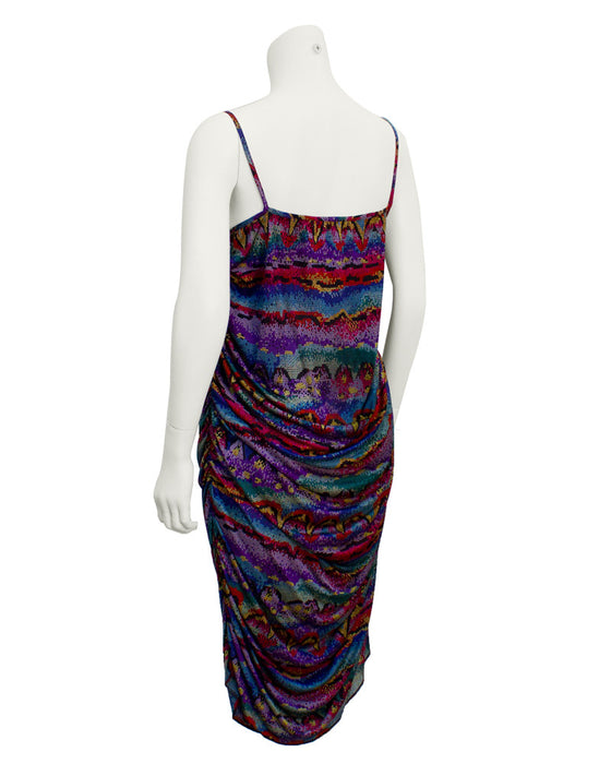 Multi-colored printed ruched dress