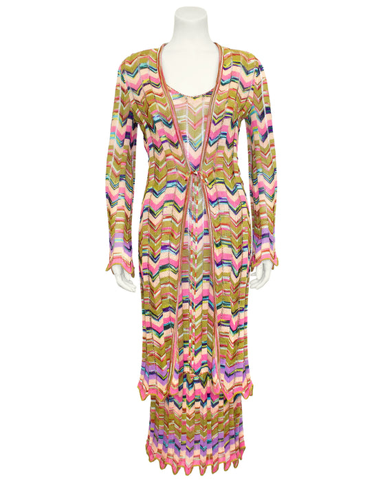 Multi Colour Knit Chevron Dress and Long Cardigan