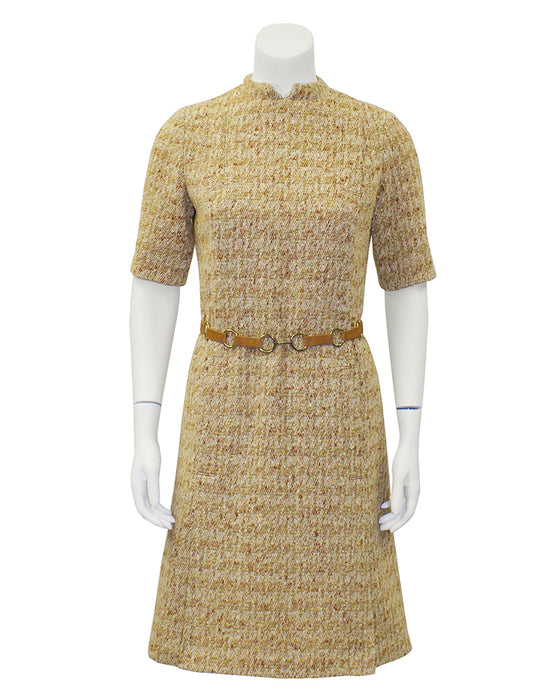 Tan Mod Tweed Dress With  Suede Link Belt