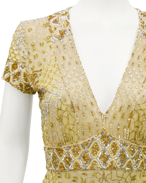 Gold Sequin, Embroidered and Beaded Cocktail Dress