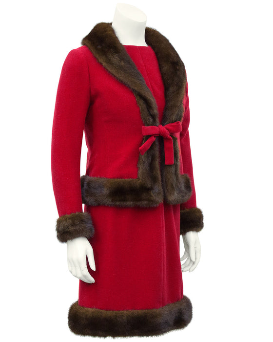 Red Wool Haute Couture Ensemble with Mink Trim