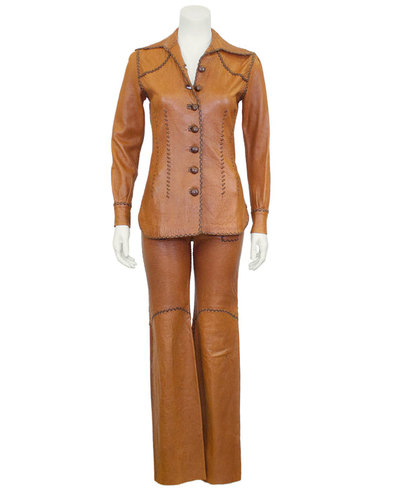 Brown Leather Whipstitched Shirt and Bellbottoms