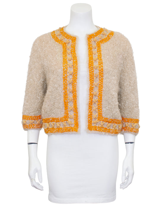 Beige Orange Mohair and Embroidered 3 4 Sleeve Bolero Cardigan