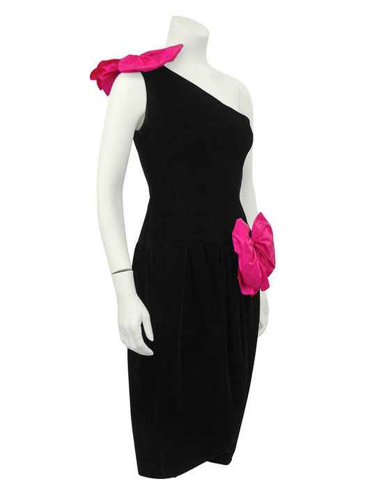 Black Velvet One Shoulder Cocktail Dress With Bows Vintage Couture Black Velvet One Shoulder Cocktail Dress With Bows Vintage Couture