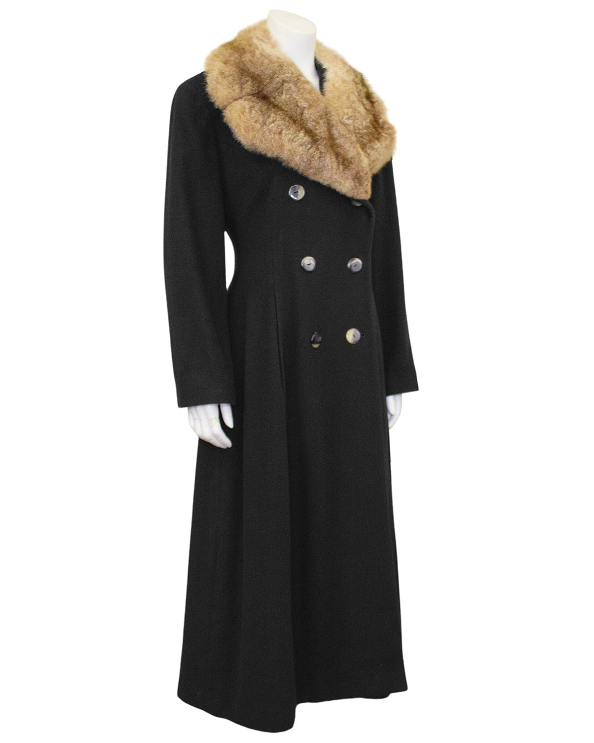 Black Wool Maxi Princess Style Coat with Fur Collar Vintage Couture