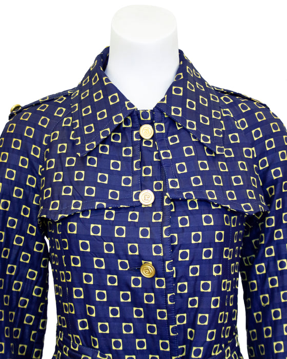 Navy and Yellow Cotton Brocade Trench Coat