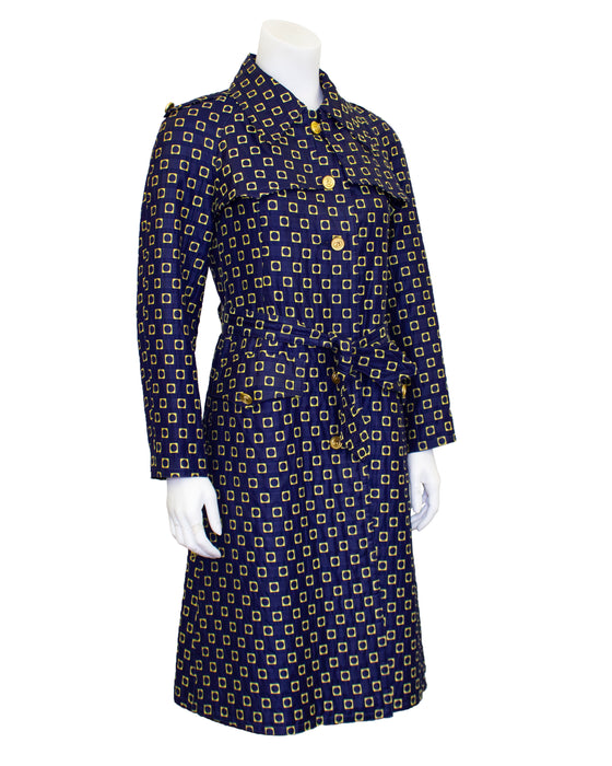 Navy and Yellow Cotton Brocade Trench Coat