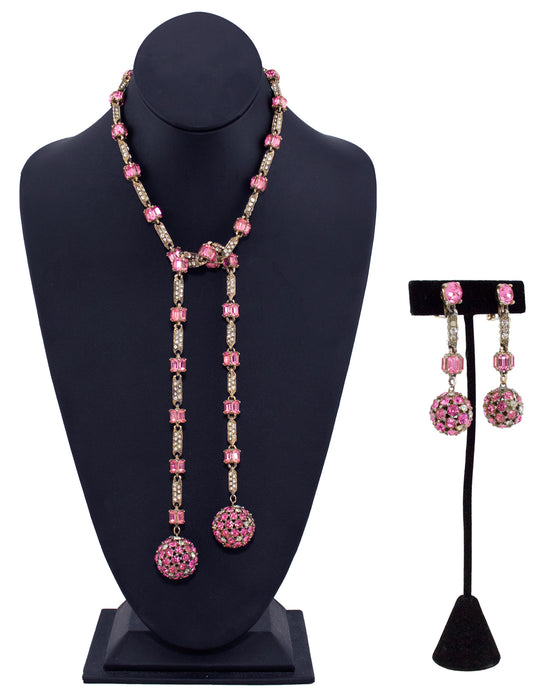 Pink Rhinestone Lariat & Earring Set