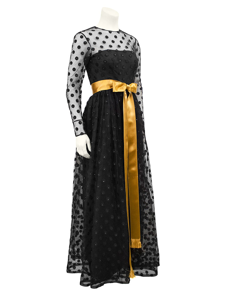 Black Long Sleeve Gown with Polka Dot Net Overlay and Gold Sash Vintage Couture Black Long Sleeve Gown with Polka Dot Net Overlay and Gold Sash Vintage Couture