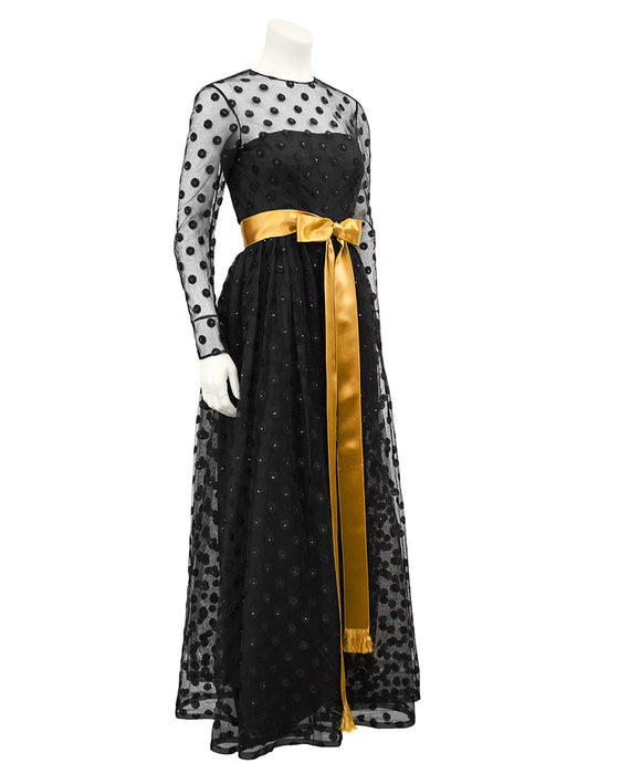 Black Long Sleeve Gown with Polka Dot Net Overlay and Gold Sash