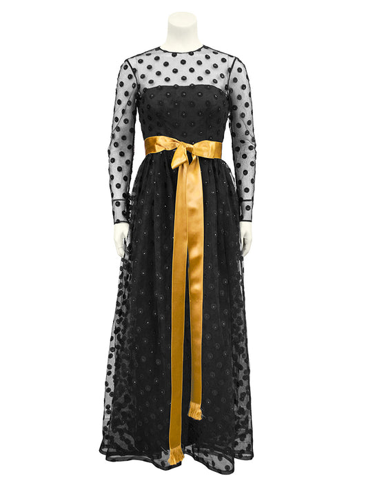 Black Long Sleeve Gown with Polka Dot Net Overlay and Gold Sash