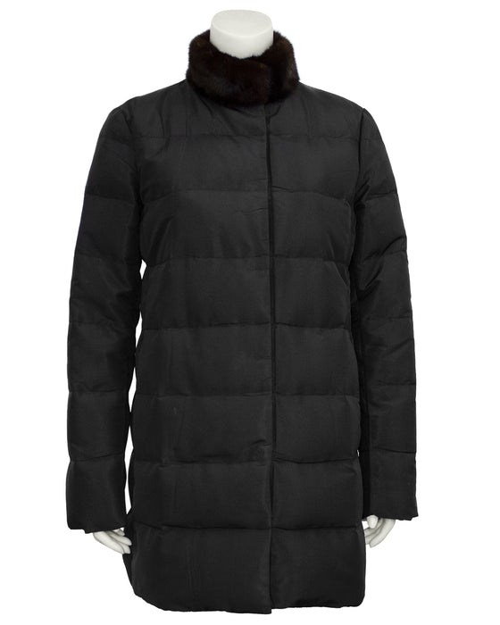 Black Nylon Puffer Coat with Mink Collar
