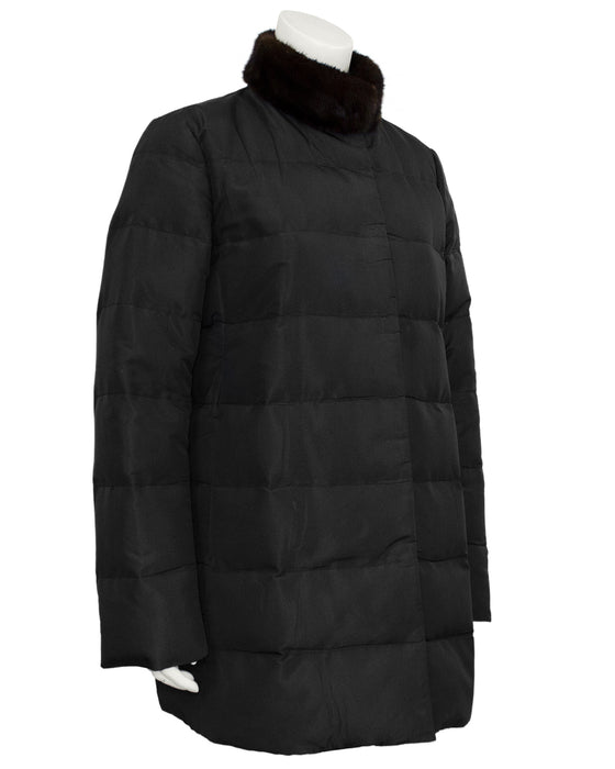 Black Nylon Puffer Coat with Mink Collar