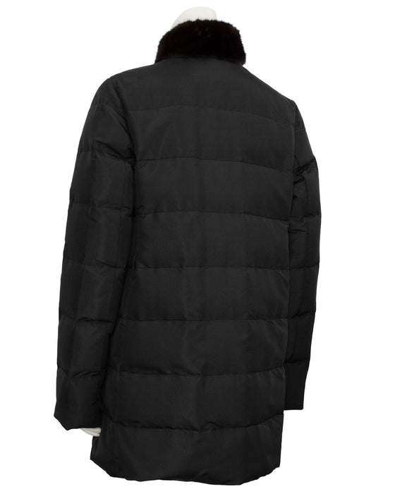 Black Nylon Puffer Coat with Mink Collar