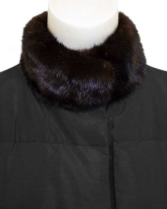 Black Nylon Puffer Coat with Mink Collar