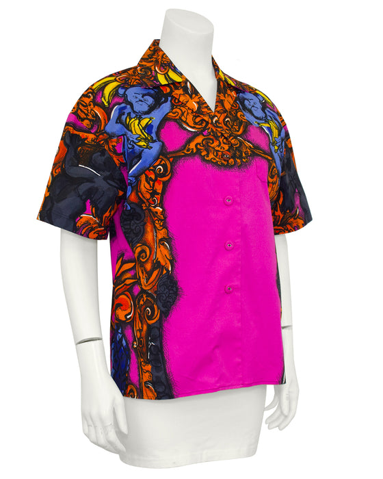 Pink and Orange Spring 2011 Cotton Shirt with Monkey Baroque Print