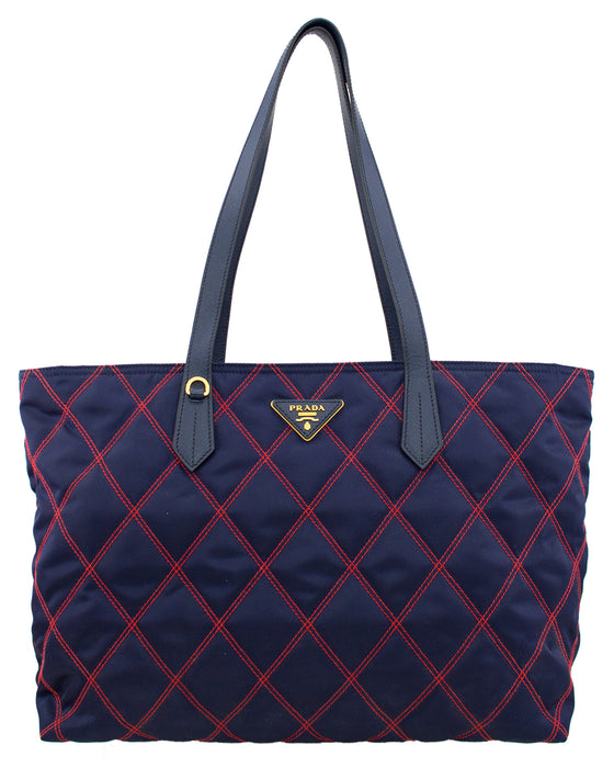 Navy Blue and Red Quilted Tessuto Impunto Tote Bag