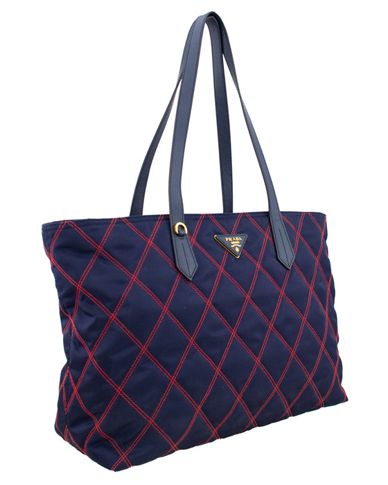 Navy Blue and Red Quilted Tessuto Impunto Tote Bag